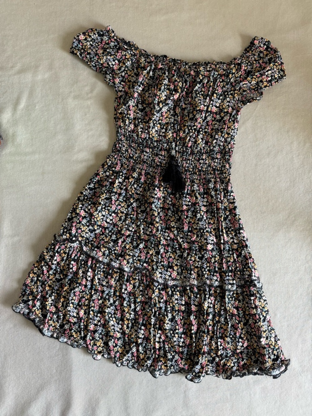 J for Justify Black Floral Smocked Off-Shoulder Dress with Tassel